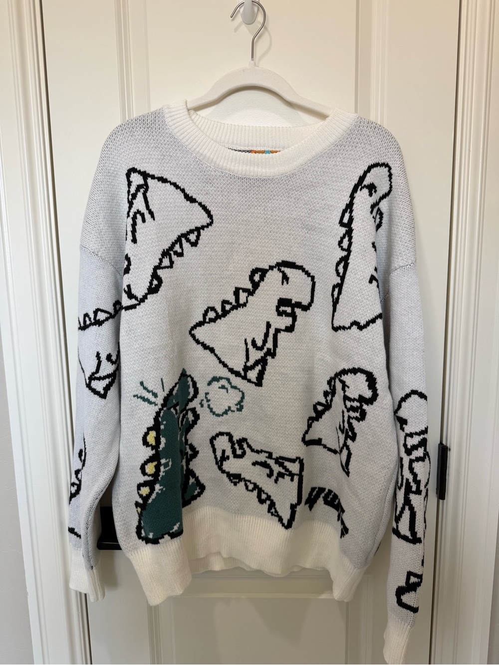 White Graphic Dino Crewneck Sweater